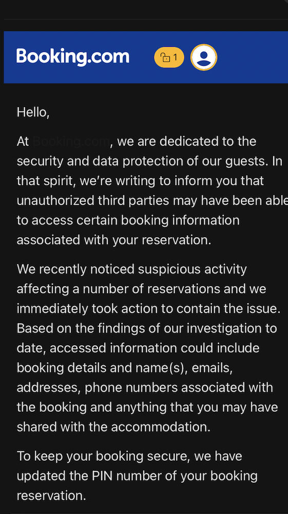 Email que o booking.com enviou aos clientes