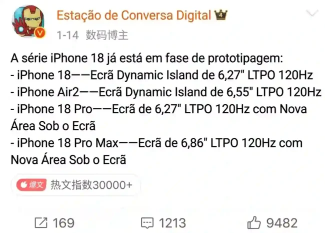 Informações iPhone 18 Dynamic Island