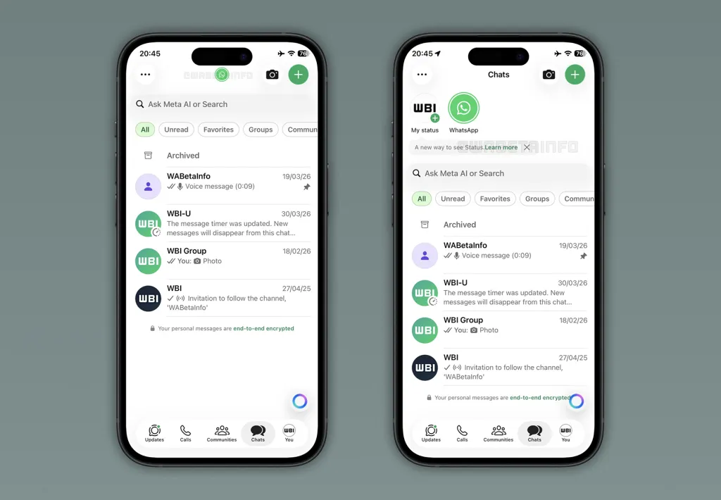 Barra de status acima das conversas no whatsapp