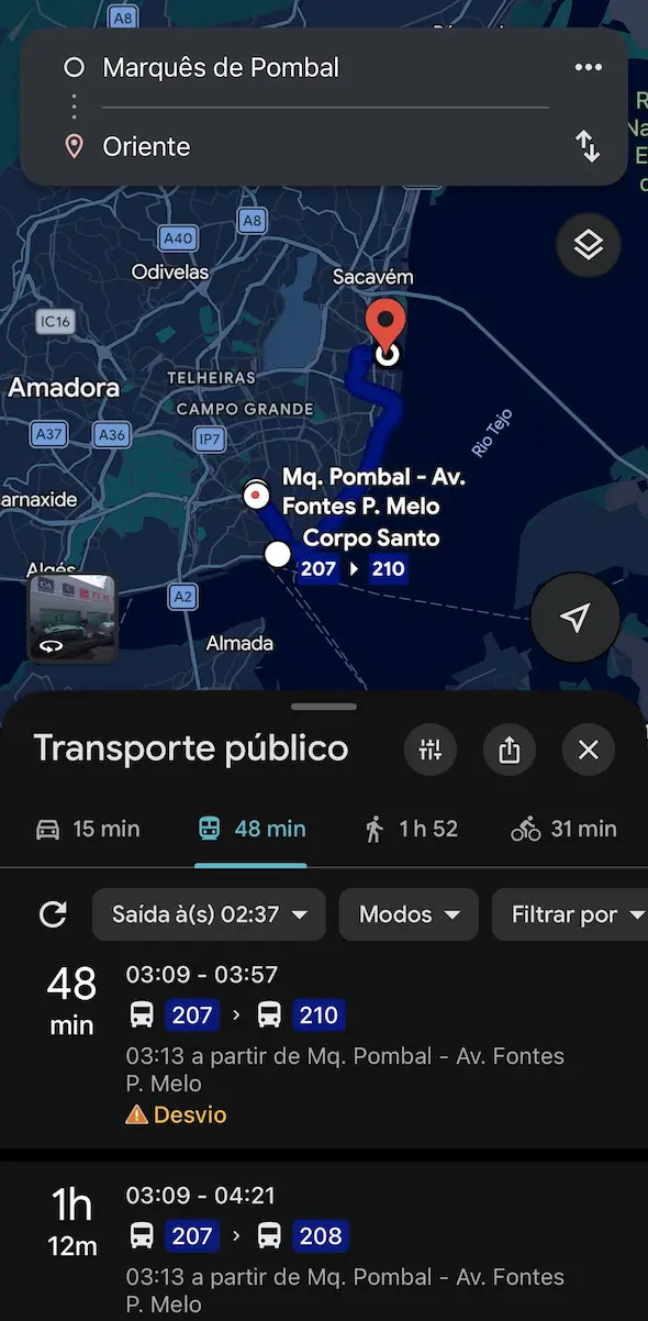 Google Maps transportes públicos Portugal